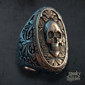 Anillo Calavera en Relieve con Detalle Floral