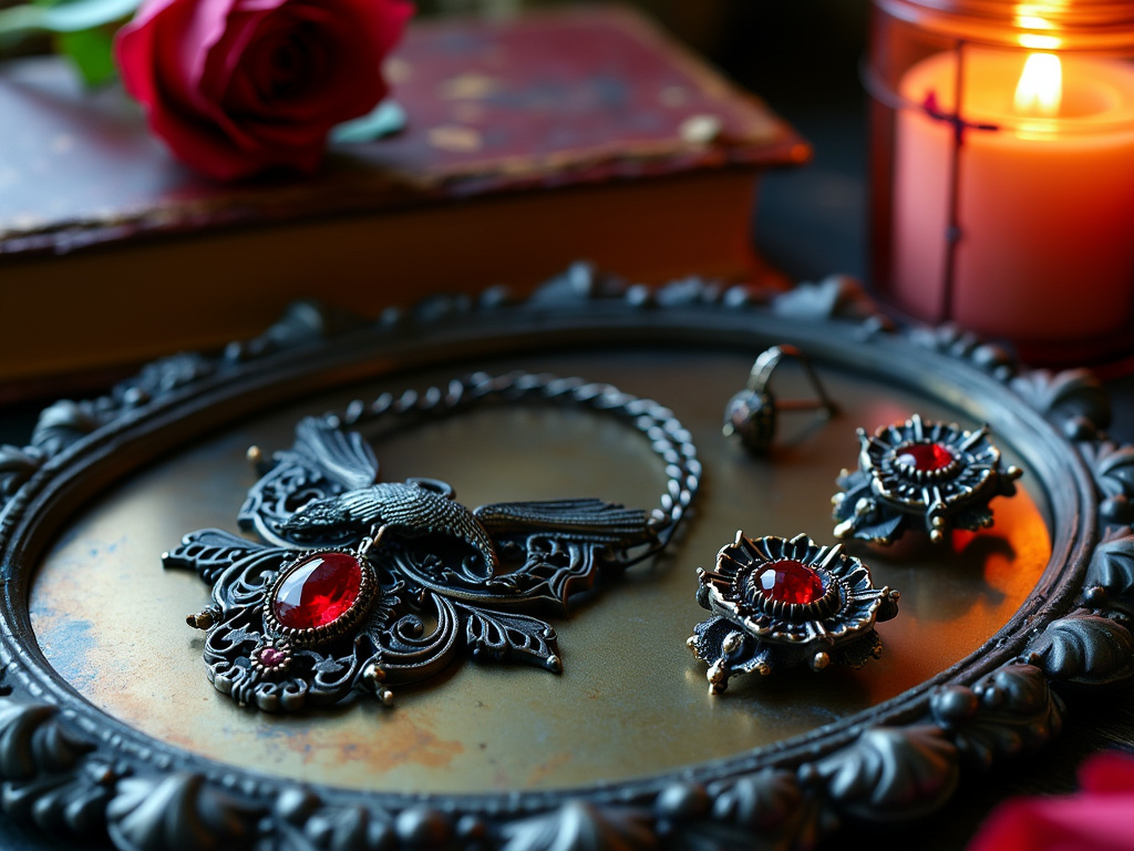 Bisutería y Accesorios. Collar y pendientes negros con piedra roja.