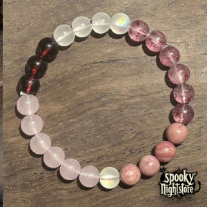 Pulsera de granate, rodonita, piedra lunar y cuarzo rosa